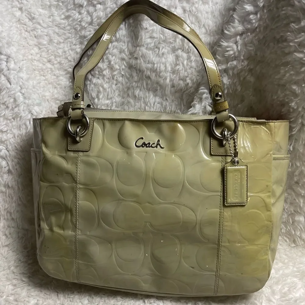 Vintage COACH patent Gray Leather Signature F17729 Tote silver tone hardwares